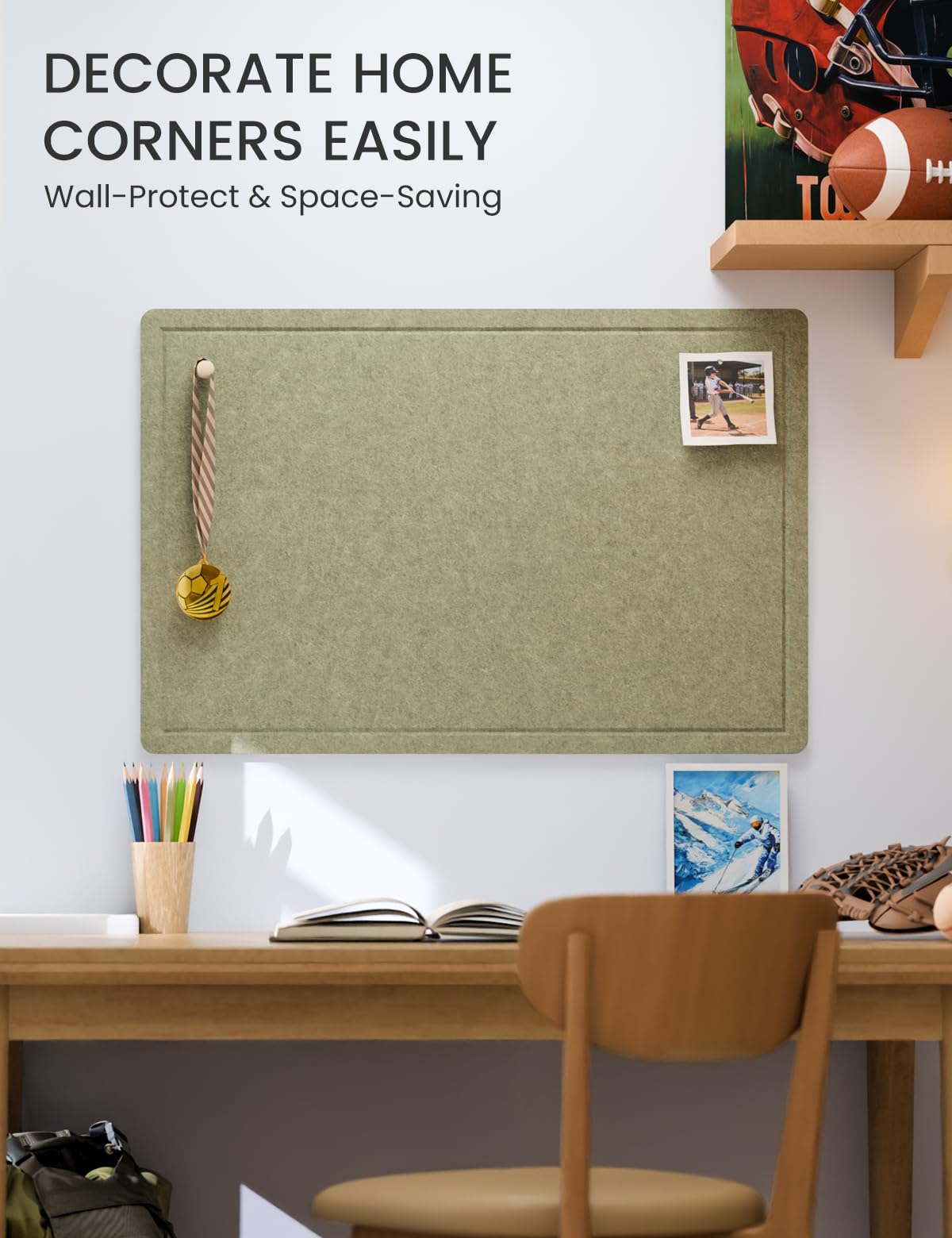 Fluxynara Bulletin Board,35.4" x 23.6" Cork Board Alternative with 12 Safe Removable Adhesive Tabs, Foldable Felt Pin Board for Home Office, Classroom, Bedroom,Entryway for Walls—Olive Green