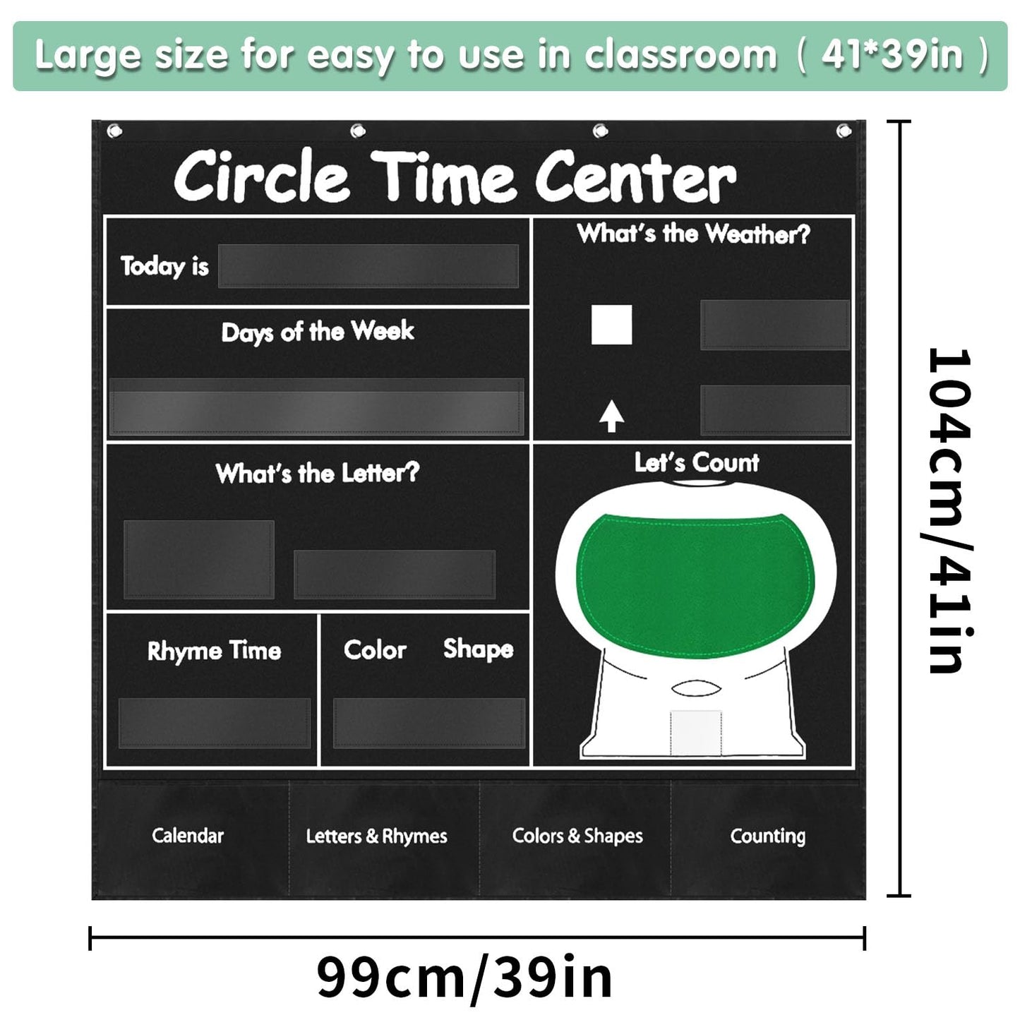 Circle Time Learning Center Pocket Chart, Calendar for Classroom, Educational Pocket Chart Learning Calendar Weather Letter Counting Rhyme Color Shape(Black)
