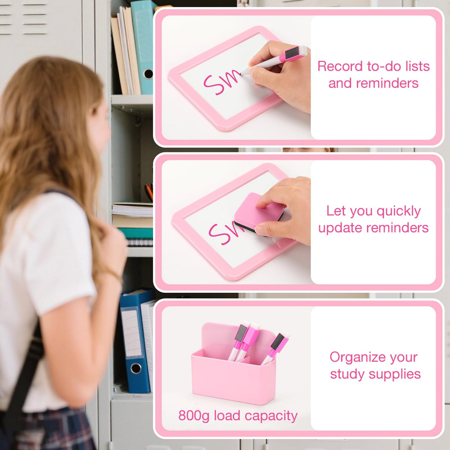 MoKo Locker Accessories Set, 15PCS Back to School Supplies Includes Magnetic Mirror, Whiteboard, Markers, Pen Holder, Magnets, Locker Organizer for School Office (Pink)