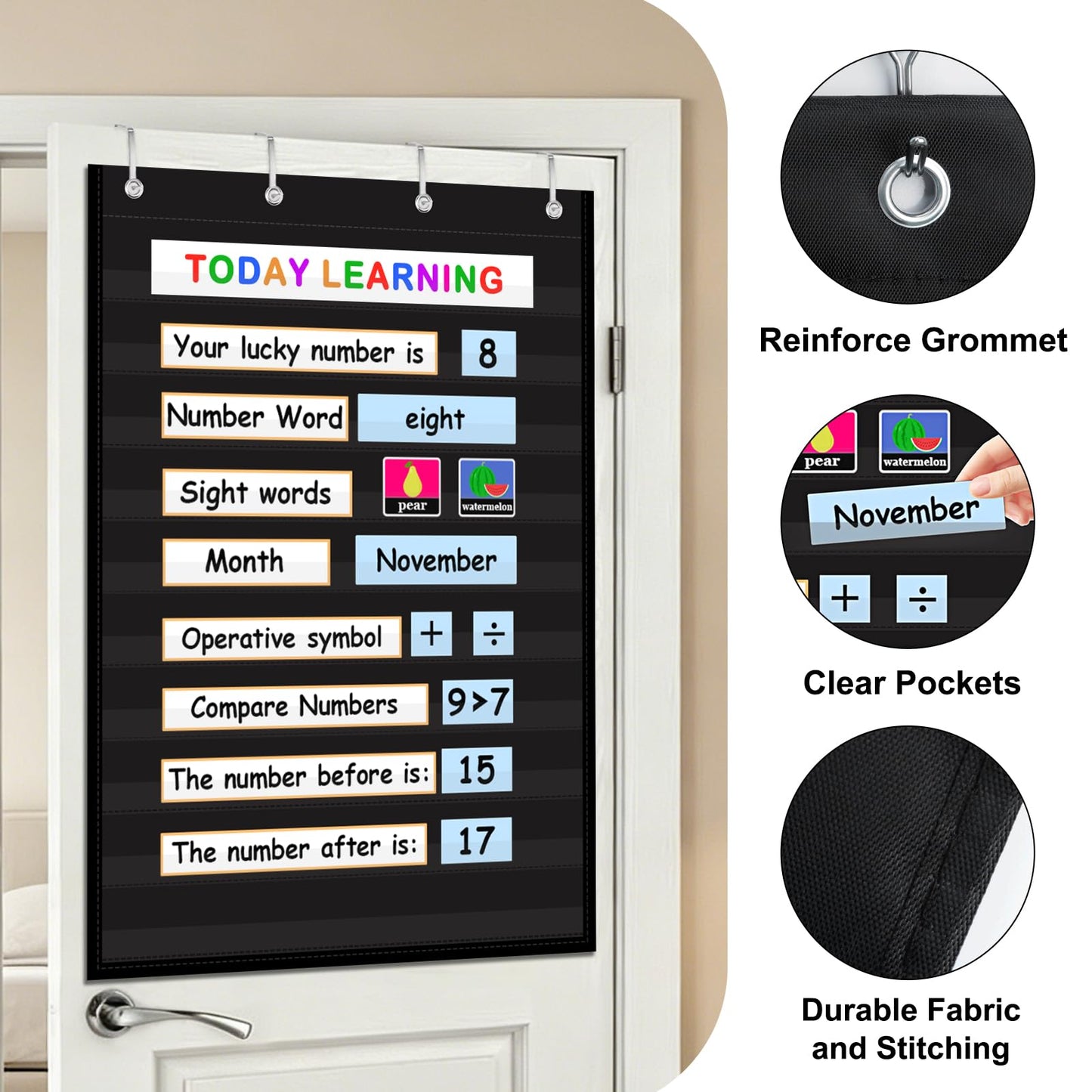 AUVCAS Standard Pocket Chart for Classroom & Homeschool, Heavy Duty Hanging 10-Pocket Chart for Word Wall/Letter Cards/Sentence Strips, Teacher Supplies, 43" H x 28" W, Black
