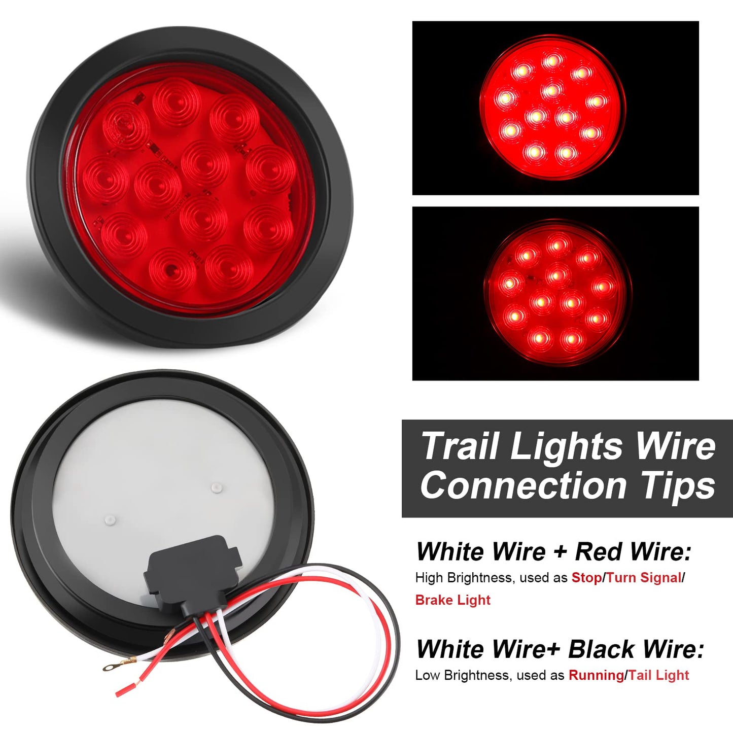 BBTO 12 Pcs 4 Inch Round LED Trailer Tail Lights, Waterproof Brake Stop Turn Marker Lights, Plastic, Red
