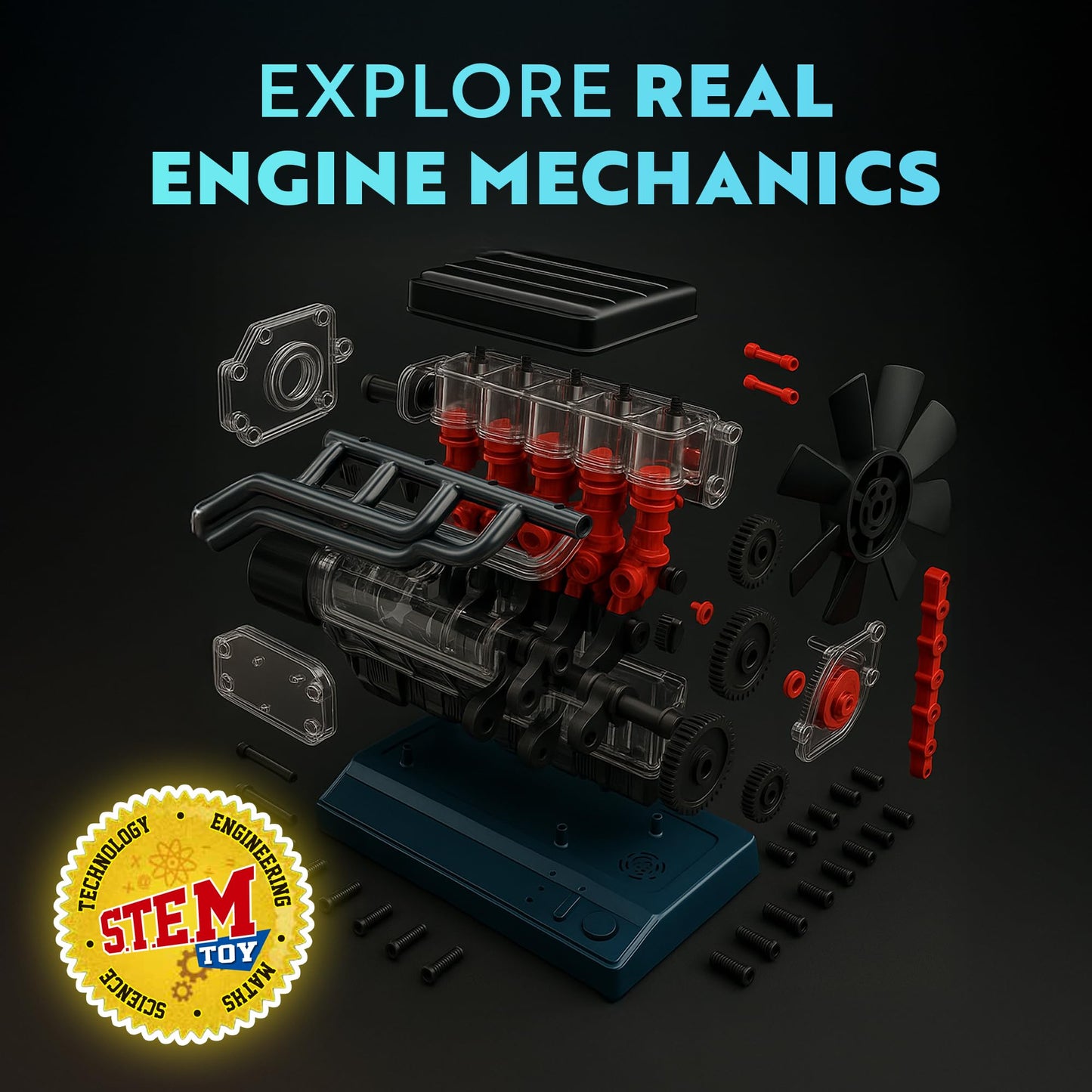 Playz Inline 6 Engine Model Kit - Build Your Own STEM Inline 6 Small Engine that Runs Kit for Adults & Kids Age 10-12+, Visible Inline 6 Mini Engine Kit that Works for Adult w/ 230 STEM Parts