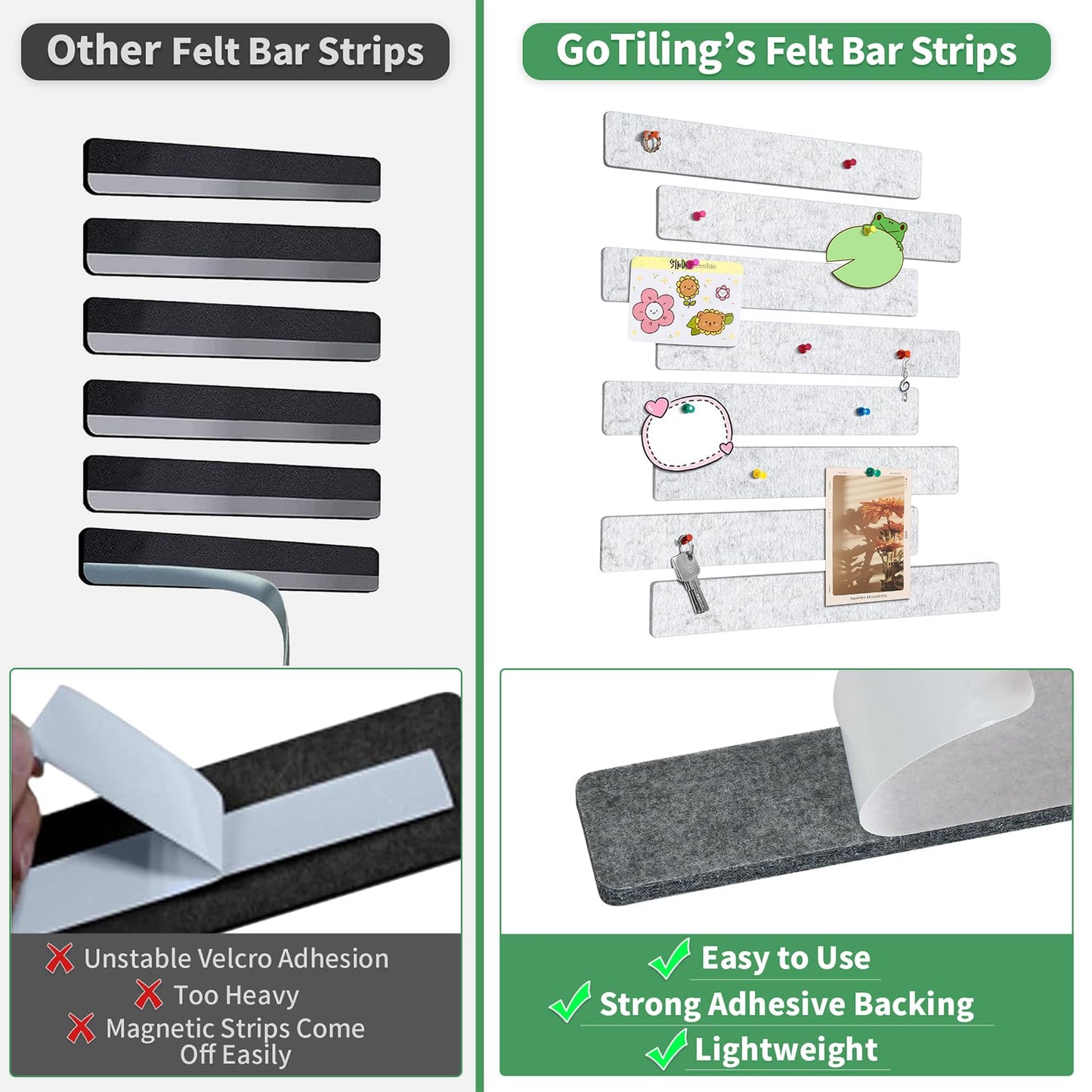 GoTiling Cork Board for Walls - 8 Pack Felt Pin Board Bar Strips - Self-Adhesive Lightweight Bulletin Board - Cork Board for Office with 40 Push Pins No Damage for Wall (Black White Grey)