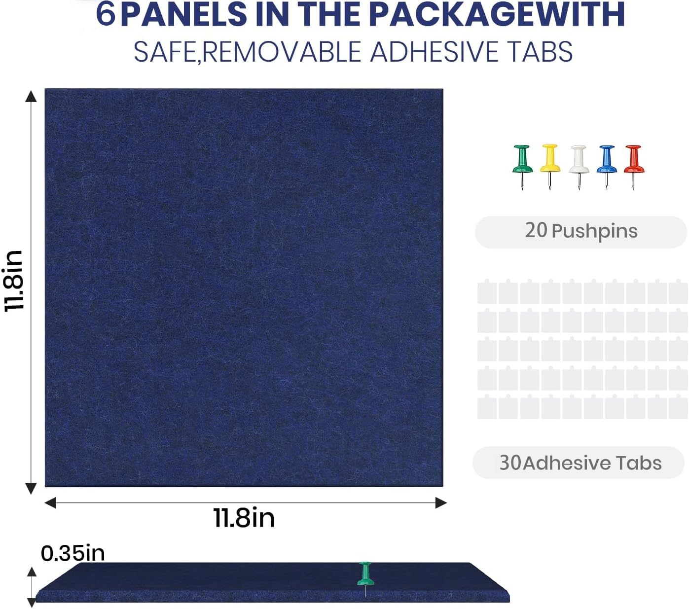 Large Cork Board Alternative 36" X 24" Bulletin Board - 6 Pack Removable Felt Wall Tiles with 20 pushpins, Large Cork Boards for Walls Cork Board for Office Pin Board Tack Board - Denim Blue
