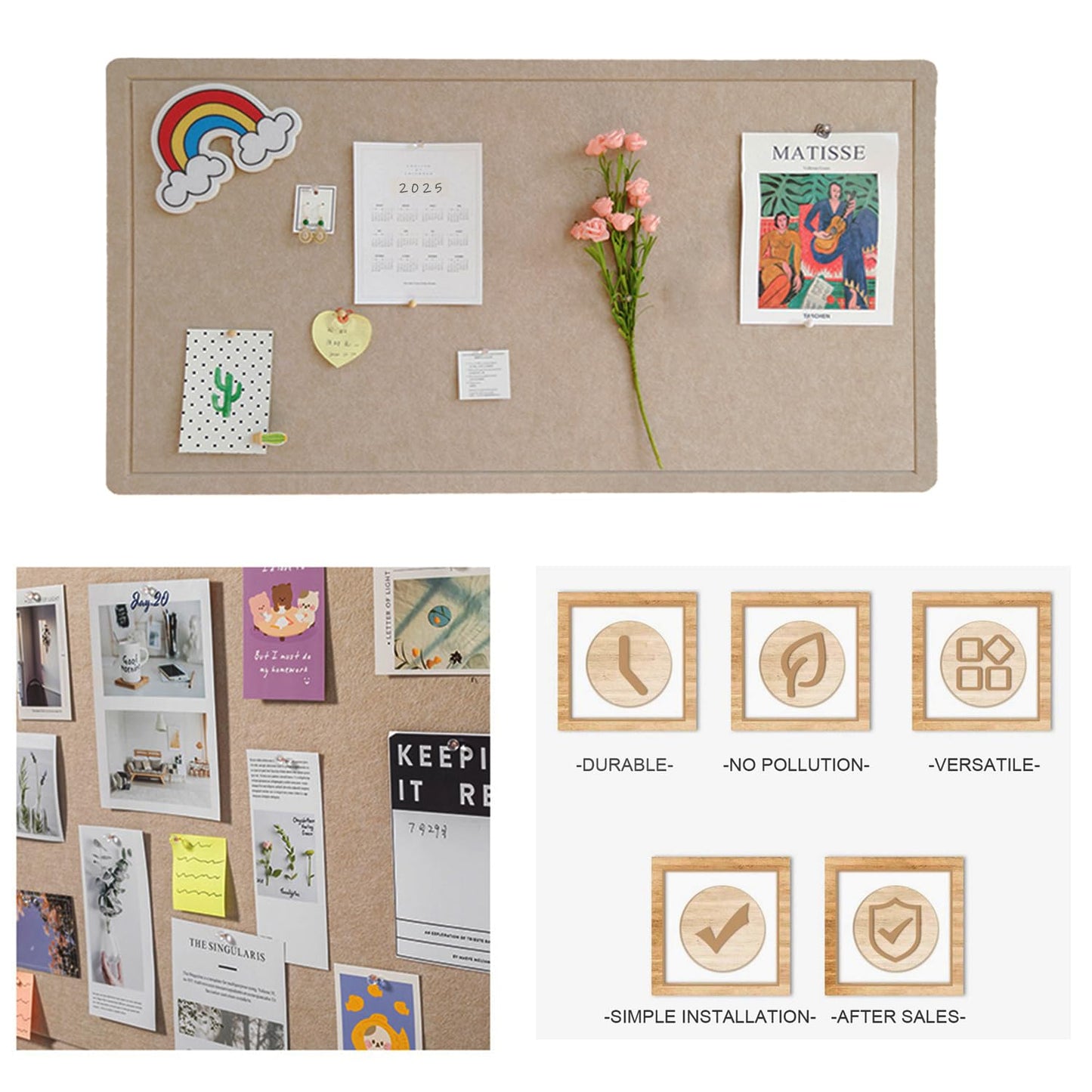 Foldable Bulletin Felt Board, 36x18 Inches Cork Board Alternative, Large Felt Board Decorative Pin Board for Wall, Foldable Photo Board Self-Adhesive Vision Board with 36 Pushpins Khaki