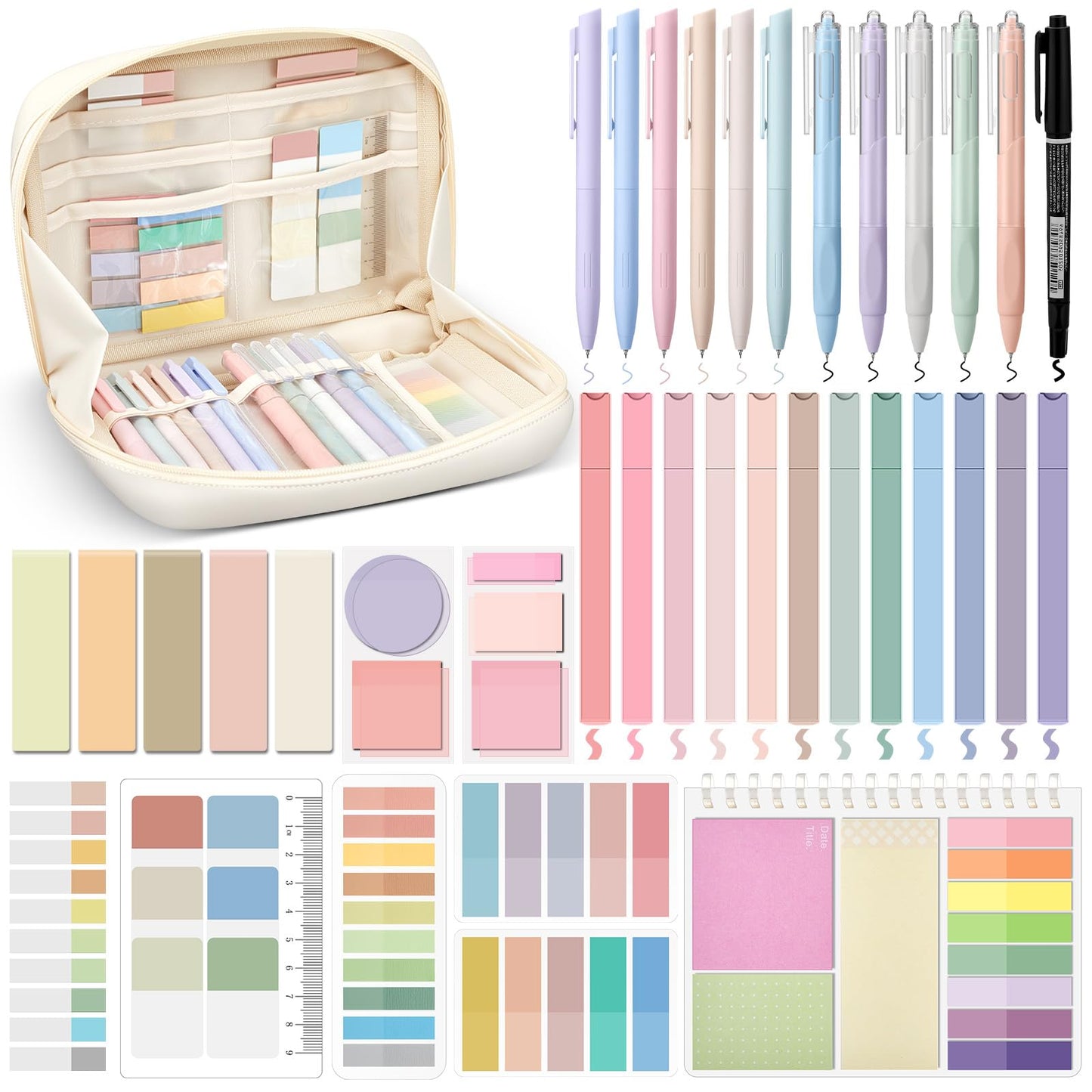 Jutom 41 Pcs Aesthetic Book Annotation Kit with Pencil Bag Bible Journaling Kit Notebook Sticky Note Tab Highlighter Black Ink Pen Page Marker School Office Supplies Bible Lover Gift(Beige)