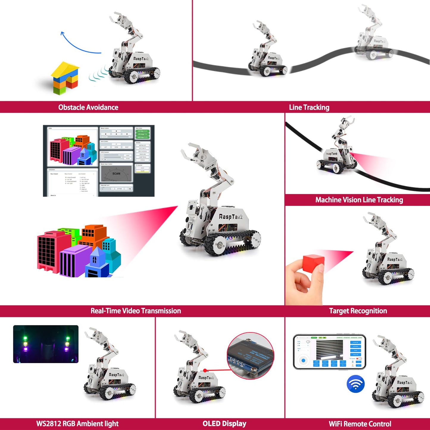 Adeept RaspTank Metal Smart Car Kit for Raspberry Pi 5/4B/3B/3B+(Board Not Included), Tank Tracked Robot with 4-DOF Robotic Arm, OpenCV, Obstacle Avoidance, Line Tracking, with Digital Tutorials
