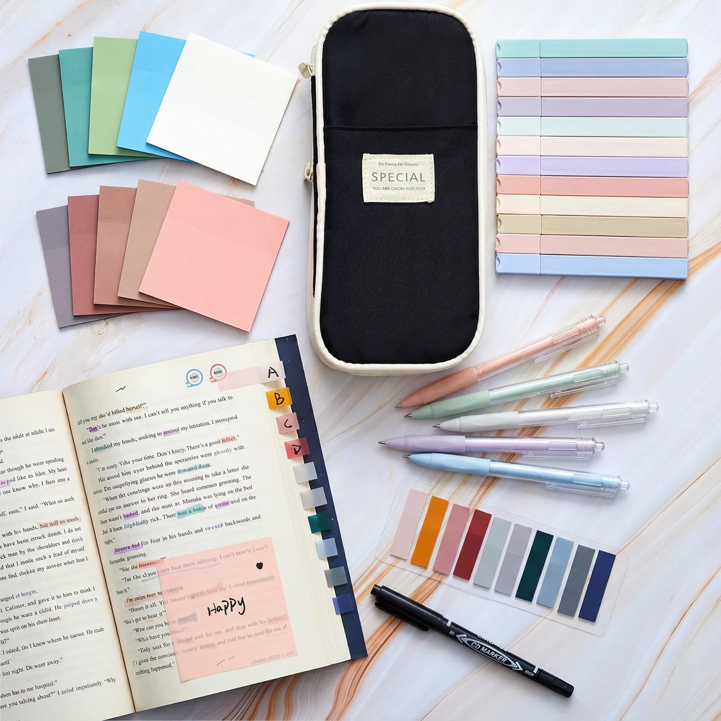 Jutom 39 Pcs Aesthetic Book Annotation Kit Highlighter with Case Bag Gel Pen Transparent Sticky Note Taking Bible Supplies(Black,Cute Style)