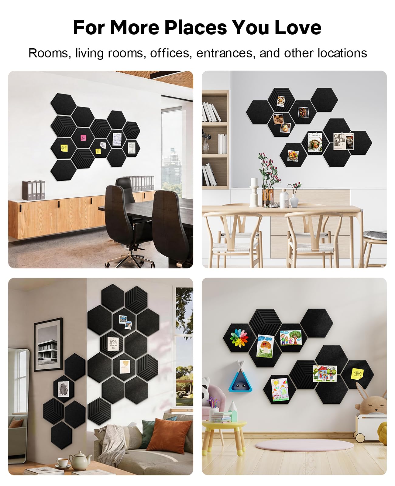 Hexagon Large Cork Bulletin Board Tiles, Peel and Stick Felt Wall Panels for Vision, Message Center, Picture and Prayer Board for Office, Dorm, Room and Desk Decor(Black)