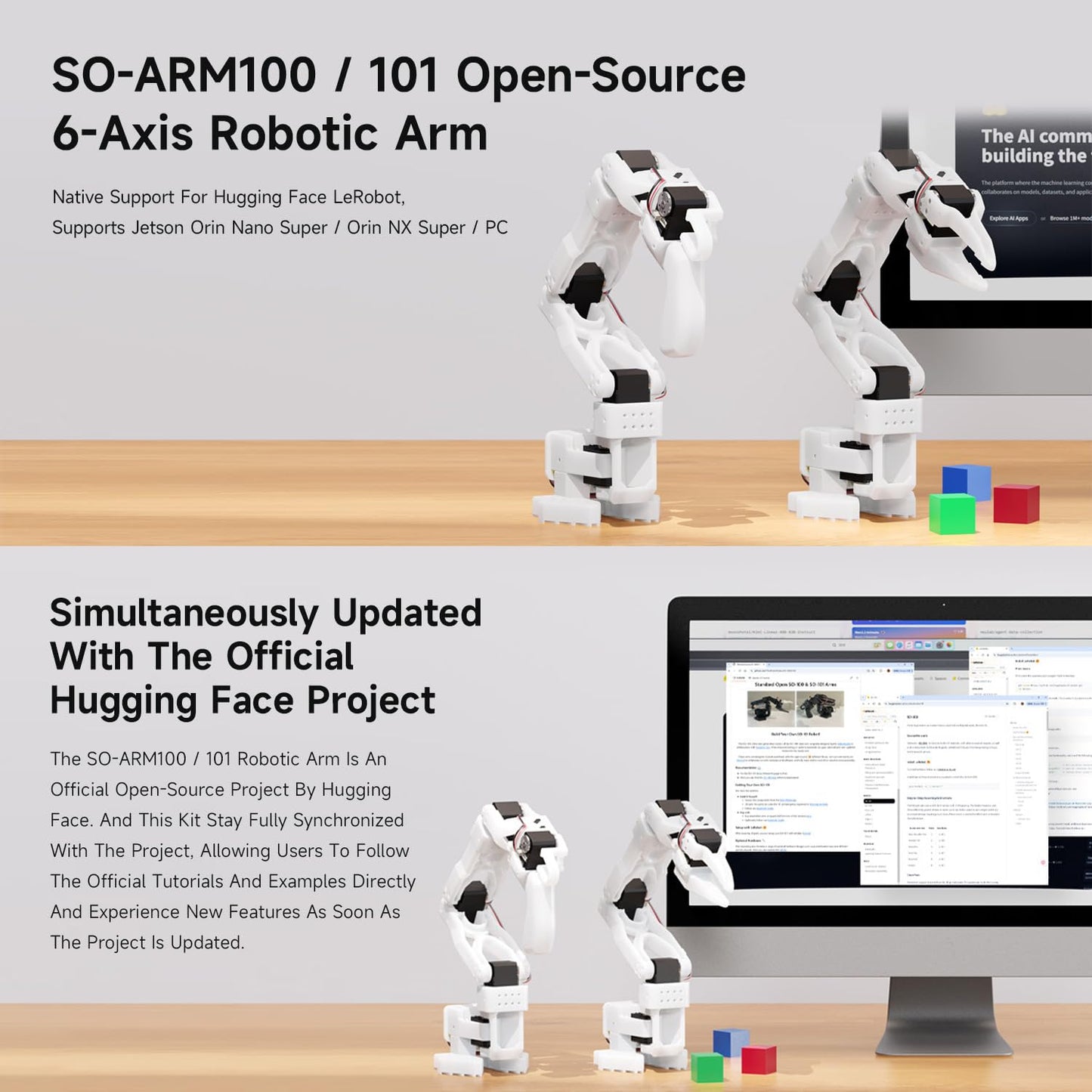 Waveshare SO-ARM101, Open-Source 6-Axis Robotic Arm, Native Support for Hugging Face LeRobot, High-Torque Bus Servo, Photosensitive Resin 3D-Printed Parts, 3DP Parts Kit (SE)