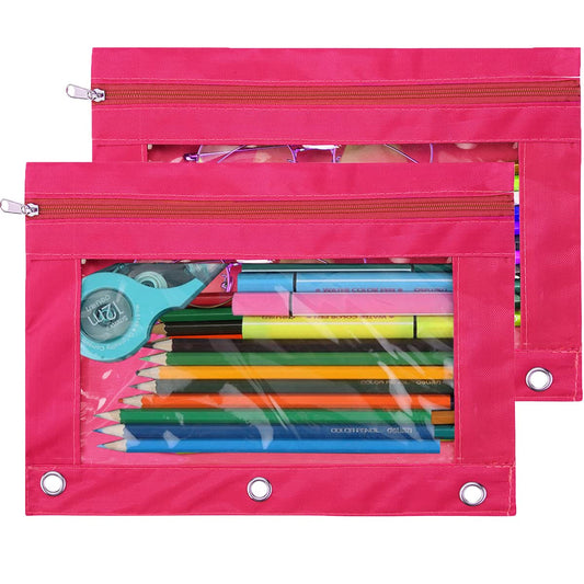 TOPWOOZU Pencil Pouch 3 Ring, Zipper Pencil Pouches Case Binder Cosmetic Bag Hot Pink 2 Pack