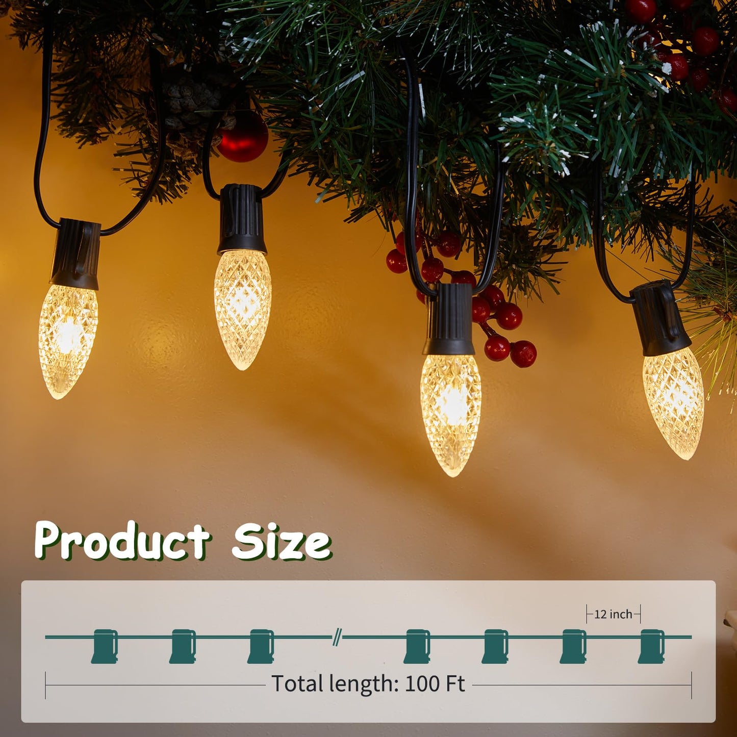 Minetom C9 Stringer 100 FT Outdoor String Lights, 2 Pack, Black Wire, 100 Sockets, 12in Spacing, for C9 LED Bulbs