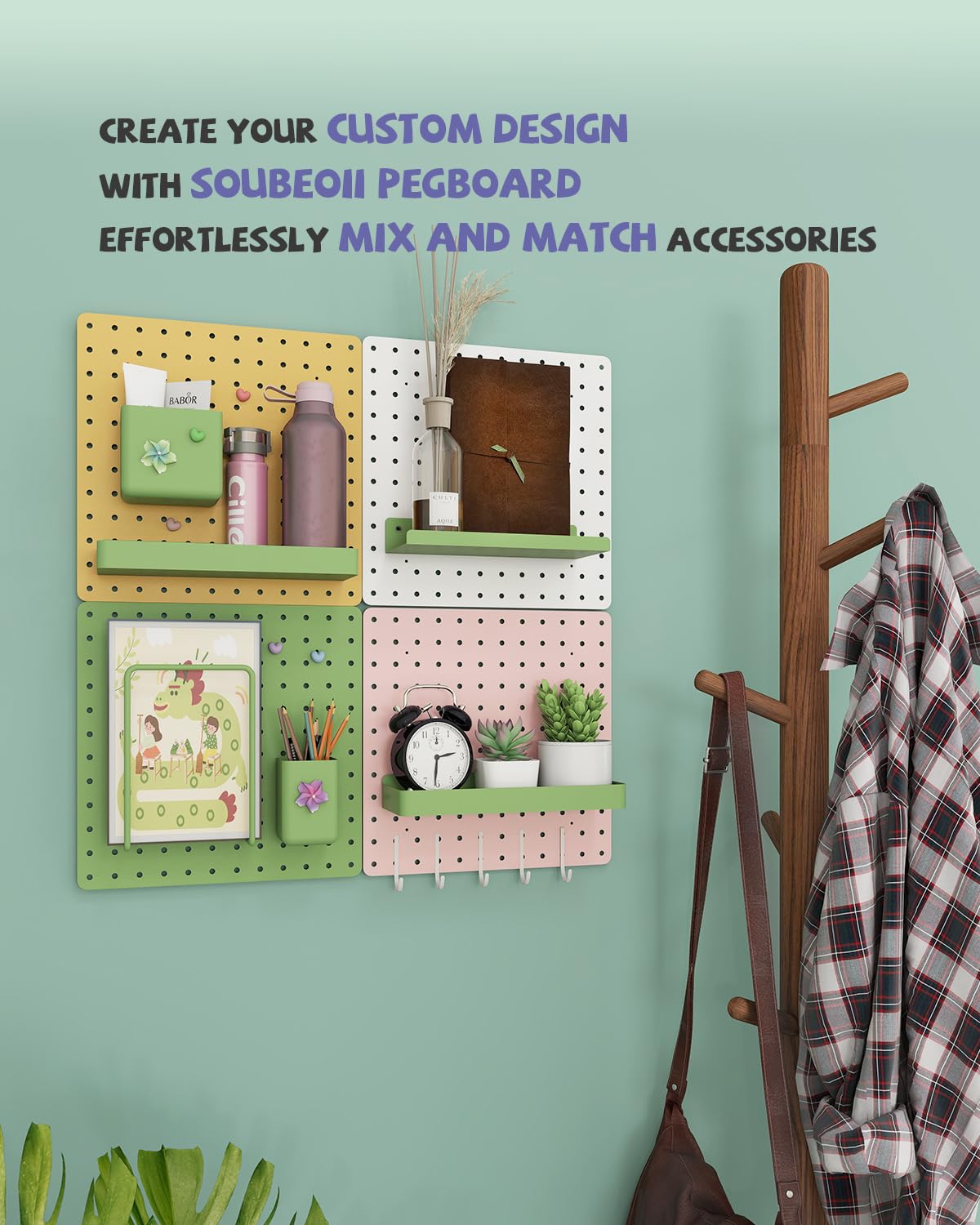 Soubeoii Metal Pegboard Combination Kit — 4 Carbon Steel Pegboards with 26 Accessories, Pegboard Wall Organizer for Home, Office, Study Room, Kitchen, Garage & Craft Room — 24″ × 24″ White Peg Board