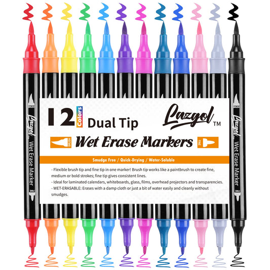 Wet Erase Markers Dual Tip, Lazgol 12 Assorted Colors, Dual Tip Brush & Fine Overhead Transparency Smudge Free Markers for Dry Erase Whiteboard, Refrigerator Calendars, Glass, Films and Any Kind of