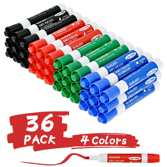 SUQJOY Dry Erase Markers, Chisel Tip Whiteboard Marker, Low Odor Thick Dry Markers, 36 Bulk 4 Assorted Color Markers for office