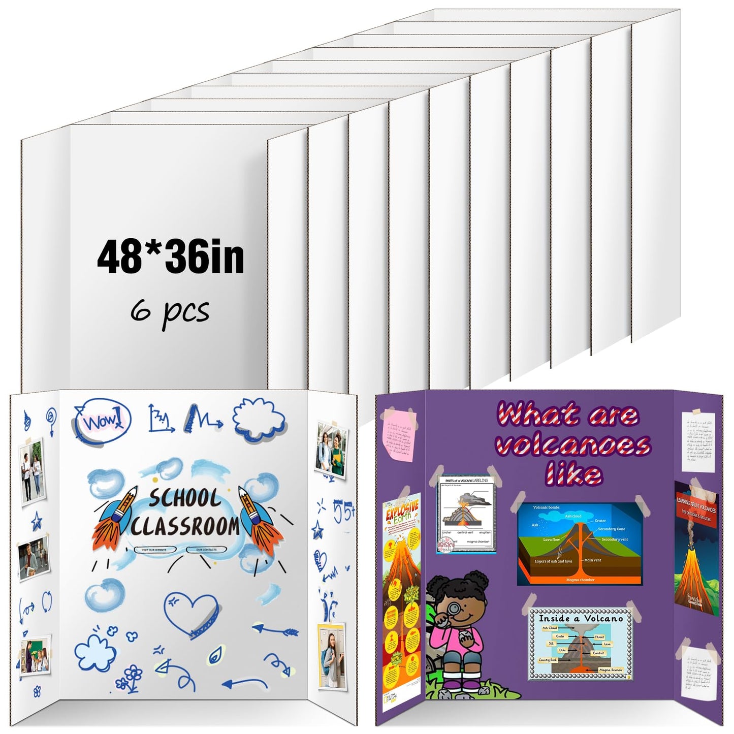 6 Pack Trifold Poster Board 48" X 36", IKAYAS Double Sided White Tri-fold Poster Boards, Science Fair Display Boards Posterboard for Mounting, Art, Display, Projects Classroom Supplies