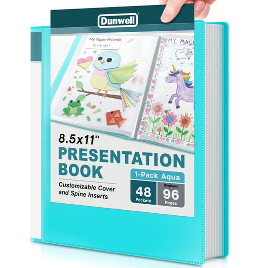 Dunwell Presentation Binder 48-Pocket, Displays 96 Pages, 8.5x11 Portfolio Binder with Plastic Sleeves, Storage and Organizer for Documents, Photos, Kids Artwork, Projects, Recipes (Aqua)