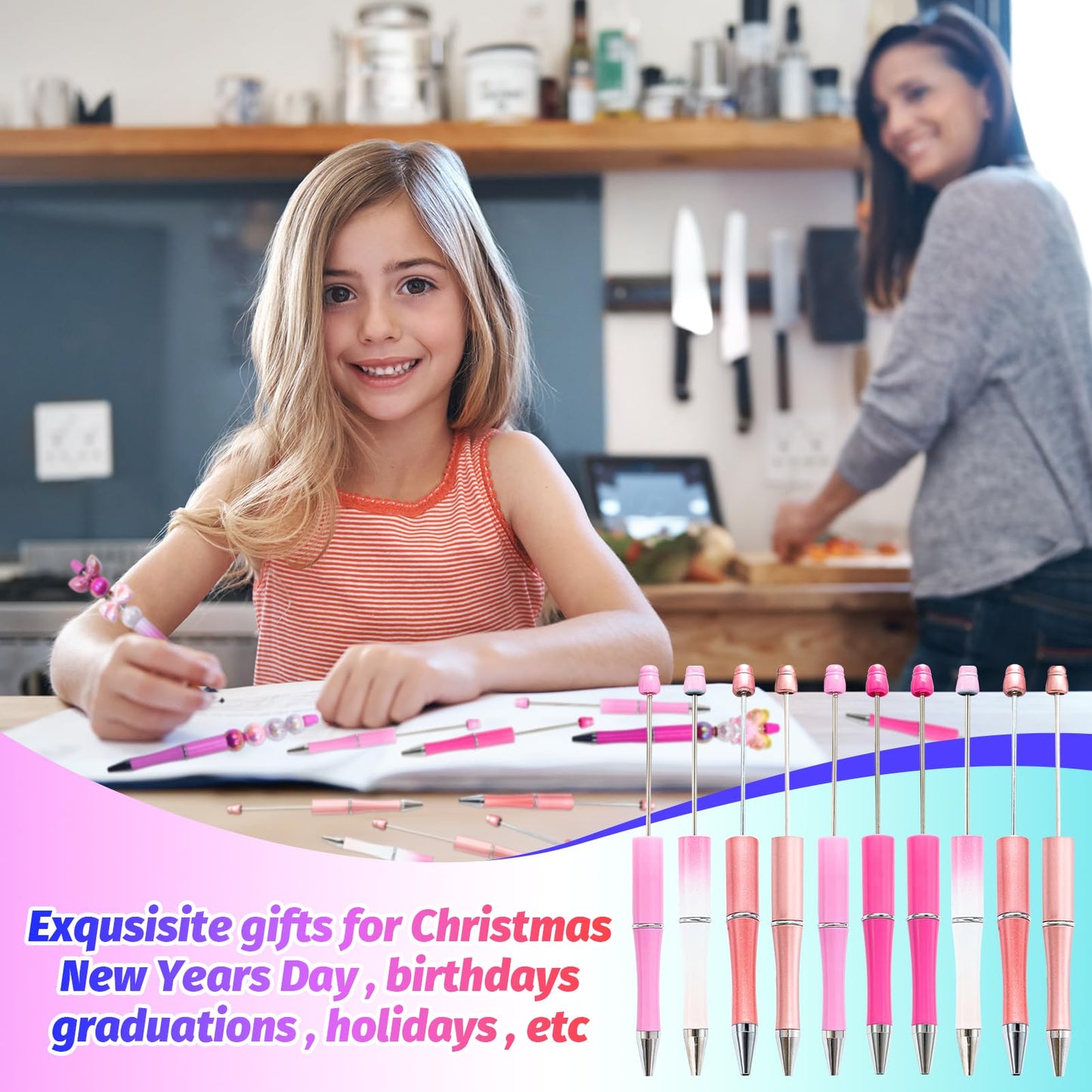 DASTTUIS 150 Pieces DIY Beadable Pen Kit – 50 Plastic Ballpoint Pens with Refills & Bags – School Supplies, Office Accessories & Decorative Items for Students & Teachers （Pink）
