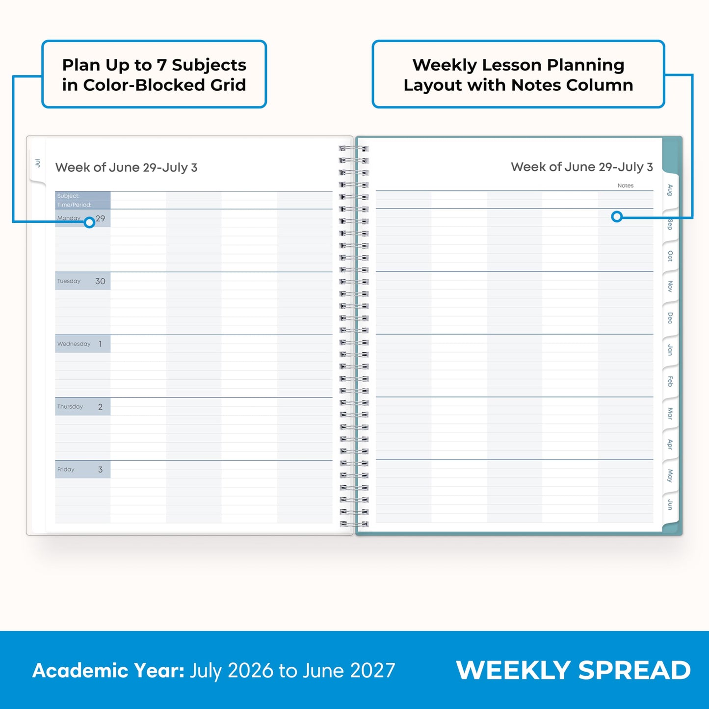 Blue Sky 2026-2027 Weekly and Monthly Academic Year Teacher Lesson Planner Calendar, July 2026 - June 2027, 8.5" x 11", Clear Pocket Cover, Wirebound, Laminated Tabs, Storage Pocket, Dots