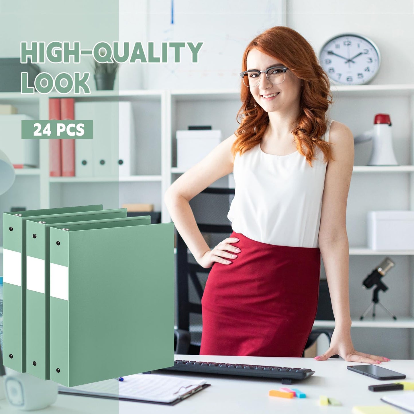 Henoyso 24 Pcs Sage Green 1.5" 3 Ring Plastic Binder Bulk, 1 1/2 Inch Soft Flexible Binders Round Rings, Fits Letter Size 8.5'' x 11'' Paper, Holds 350 Sheets, for School Office (1.5 Inch)