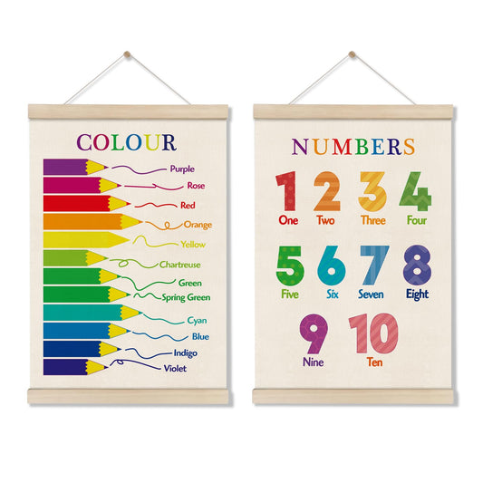 DOI-LANEE Color and Numbers Poster for Kids, Colors Learning Wall Decor for Toddlers, Educational Posters Hanger Frame for Nursery Playroom Classroom Preschool Wall,12x16 Inch Set of 2