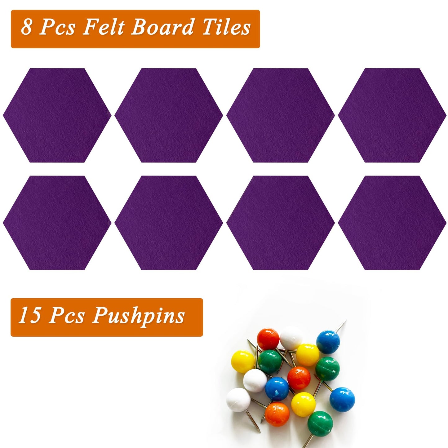 HULAVO 8 Pcs Hexagon Felt Cork Bulletin Board Tiles, Self Adhesive DIY Bulletin Board Pin Board for Office School Home Wall Decor Memos Photos Display(Purple)
