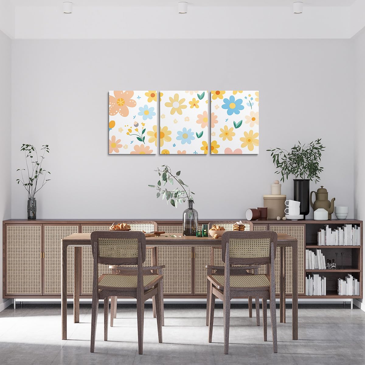 Feelyou Cute Flower 3 Piece Canvas Wall Art for Living Room Bedroom Cartoon Cute Floral Office Decor Artwork Bright Yellow Wall Art for Home Decor Kawaii Picture Posters