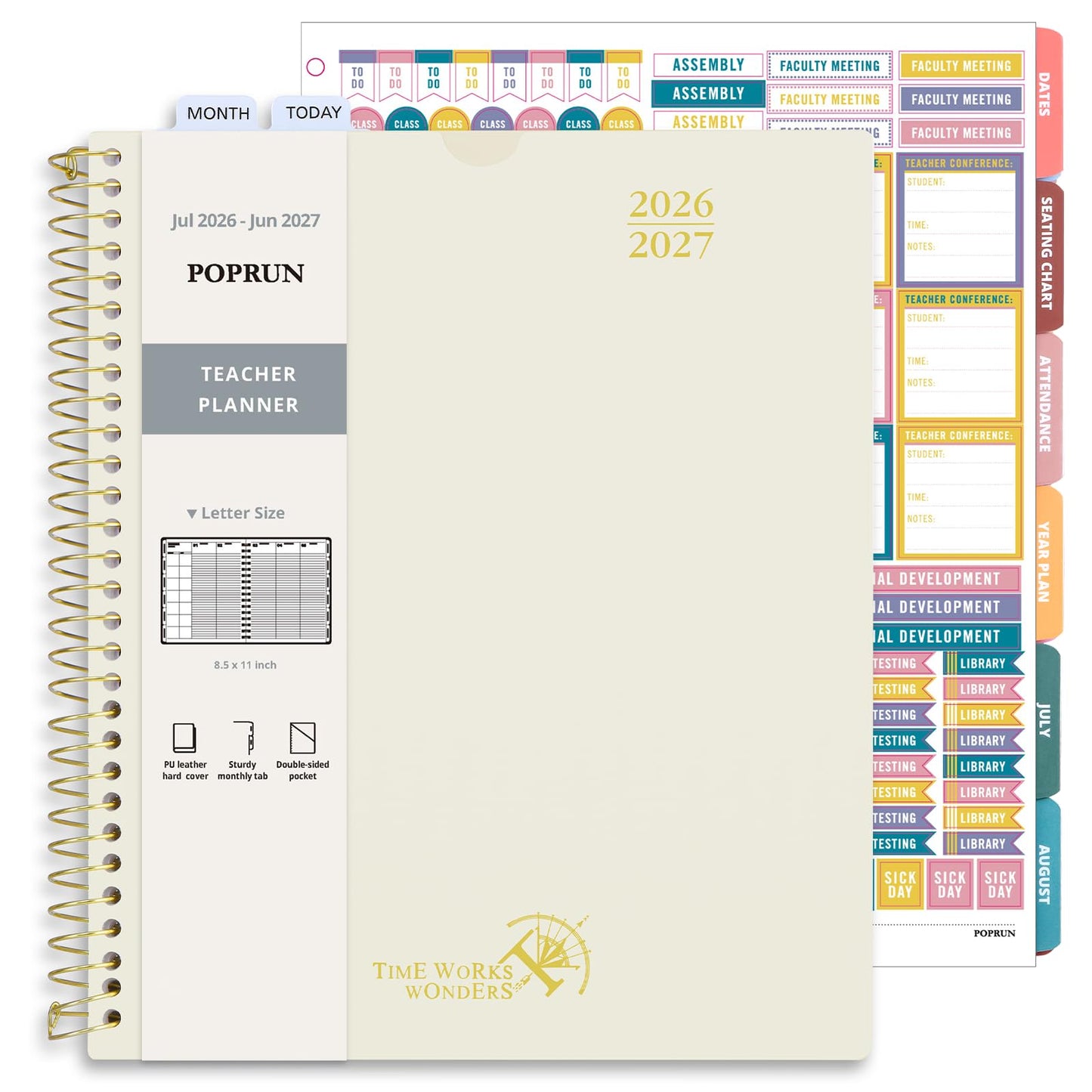 POPRUN Teacher Planner 2026-2027, 8.5" x 11", Academic Lesson Plan Book for Teachers (July 26-June 27) Weekly and Monthly with Gradebook, 2-Sided Pocket, Flexible PP Cover for Classroom, Beige