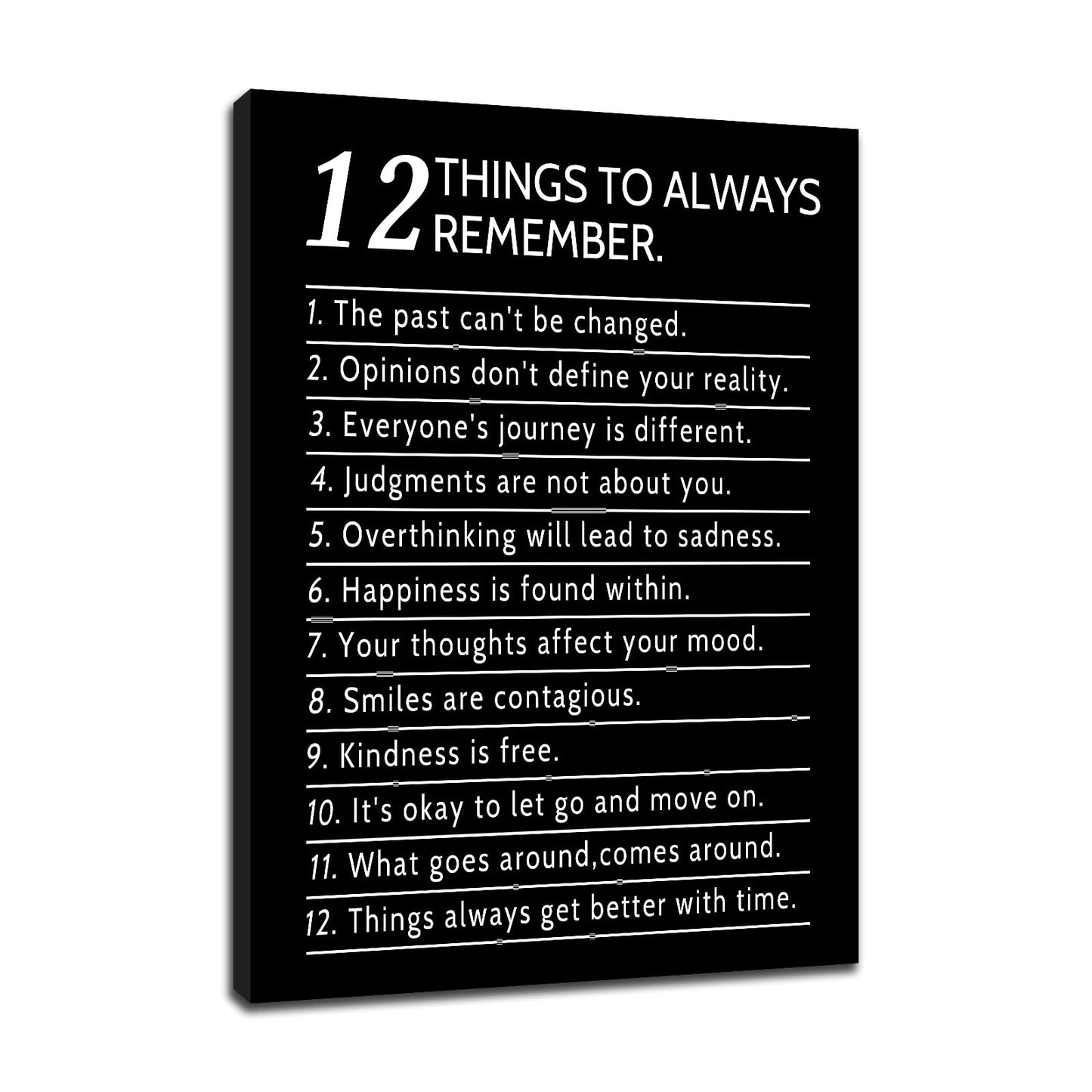 DINGFUN Inspirational Posters for Office 12 Things to Always Remember Canvas Wall Art, Black White Quote Single Panel Wall Decor for Home Office Dorm Classroom 24x18 Inch
