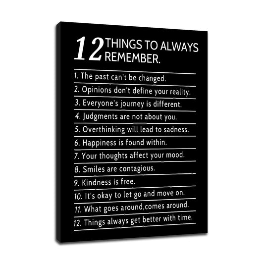 DINGFUN Inspirational Posters for Office 12 Things to Always Remember Canvas Wall Art, Black White Quote Single Panel Wall Decor for Home Office Dorm Classroom 24x18 Inch