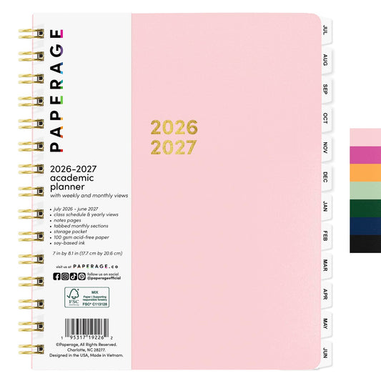 PAPERAGE Academic Planner, Weekly & Monthly Planner & Calendar, 12-Months, July 2026 - June 2027, (7" x 8"), School & Student Planning Agenda with Tabs, Bonus Pages & Inner Pocket, Pink