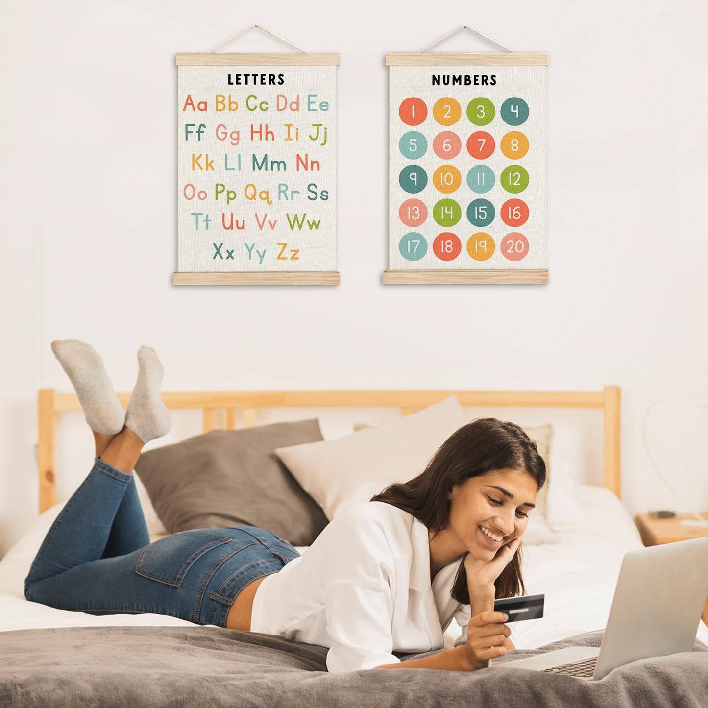 IAFQWDS Numbers and Alphabet Classroom Wall Art Hanging Poster Framed, ABC Letters Numbers 1-20 Educational Wall Decor Prints for Toddler Kids Preschool Kindergarten Homeschool, 12x16 Inch Set of 2