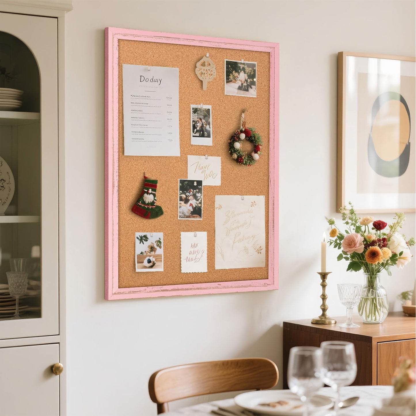 QUEENLINK Cork Bulletin Board 36" x 24", Wall Mounted Cork Board with Pink Wooden Frame, Decorative Pin Board for Office, Home & Classroom Decor, White