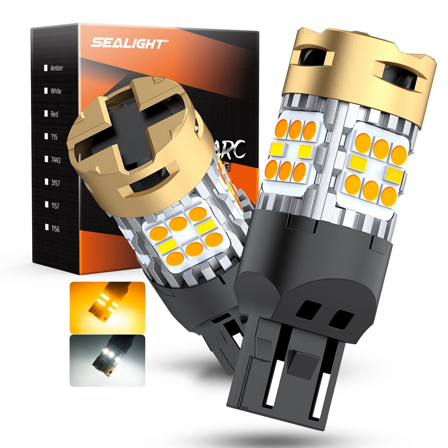 SEALIGHT 7443 LED Bulb Switchback Light with Turbo Fan, Amber/White, Pack of 2