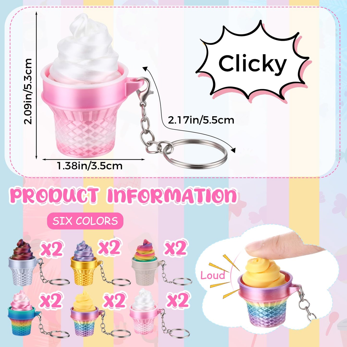Kenning 12 Pcs Ice Cream Clicker Fidget Keychains Bulk 3D Printed Sensory Clicker Fidget Toys Stress Relief Ice Cream Party Favors Keychain for Summer Birthday Goodie Bag Stuffers Office Gifts