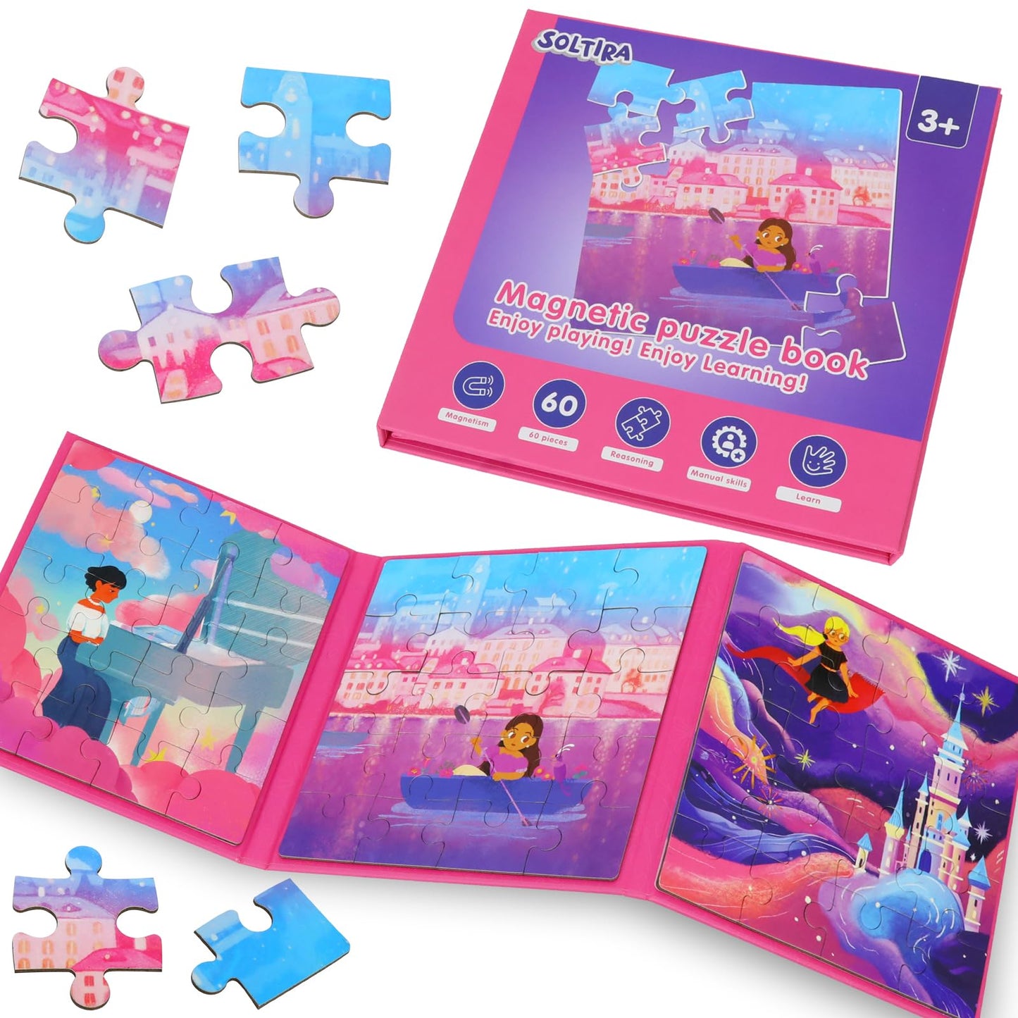 Magnetic Puzzles for Toddlers 3-5 60PCS 3 Princess Themes Puzzle Magnetic Puzzles for Girls 4-6 Travel Puzzles or Airplane/Car/Road Trip Gift Toys for Girls 4-8 Years Old
