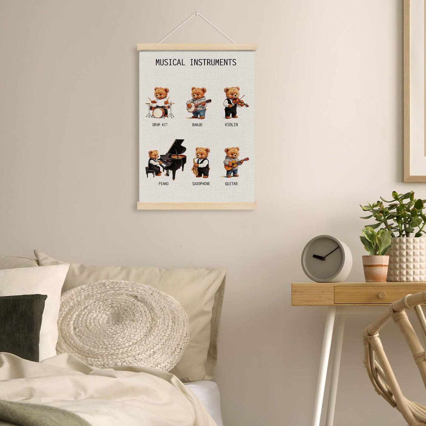 MOTERMATE Musical Bear Nursery Classroom Poster Hanger Frame, Musical Instruments Educational Wall Hanging Decor Art Framed for Kids Nursery Room, Music Educational Wall Poster Prints, 12x16 Inch