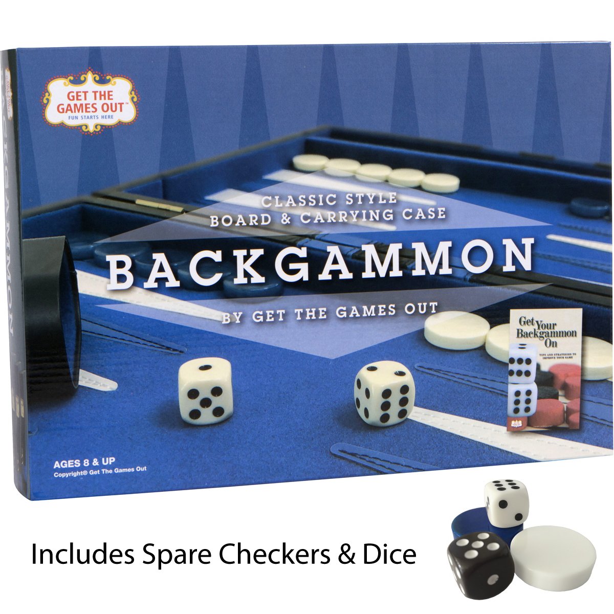 Get The Games Out Top Backgammon Set - Small Travel Size Classic Board Game Case - Best Strategy & Tip Guide (Blue, Small)