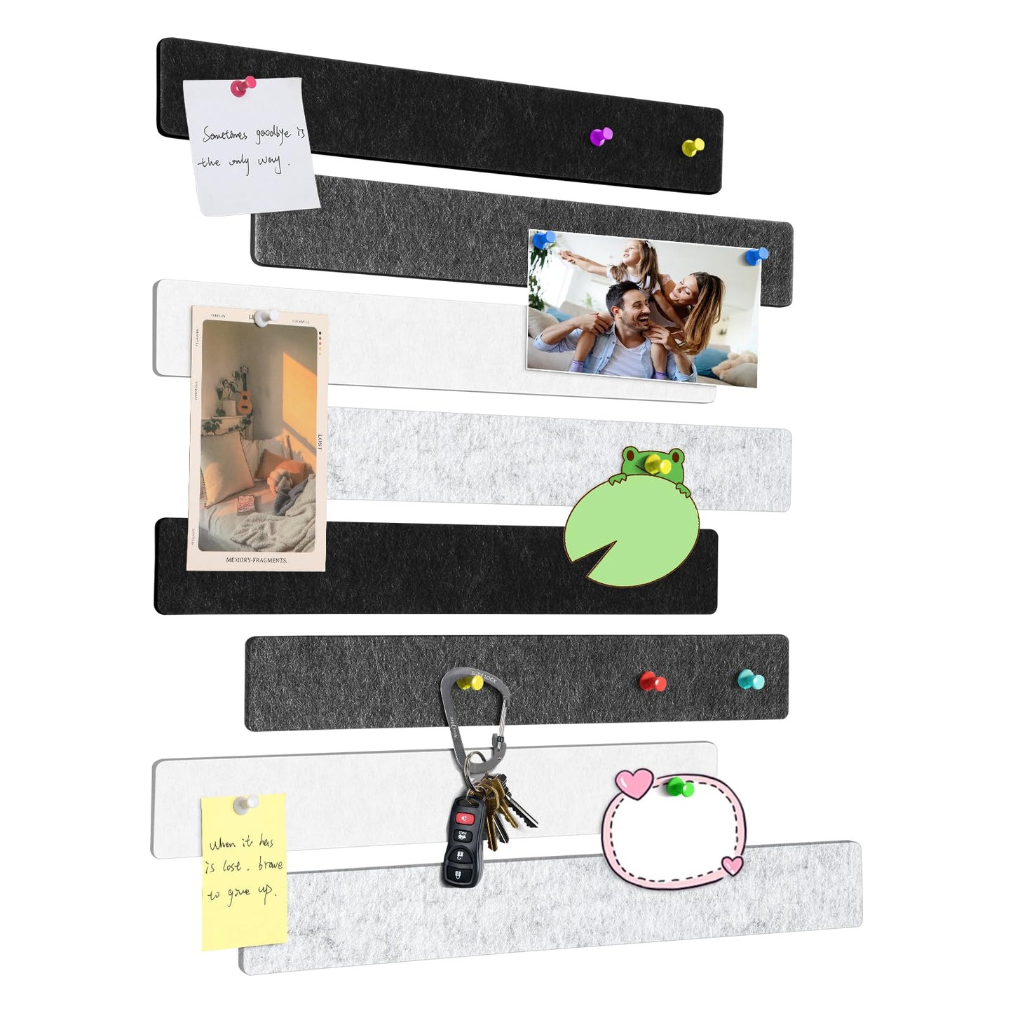 GoTiling Cork Board for Walls - 8 Pack Felt Pin Board Bar Strips - Self-Adhesive Lightweight Bulletin Board - Cork Board for Office with 40 Push Pins No Damage for Wall (Black White Grey)