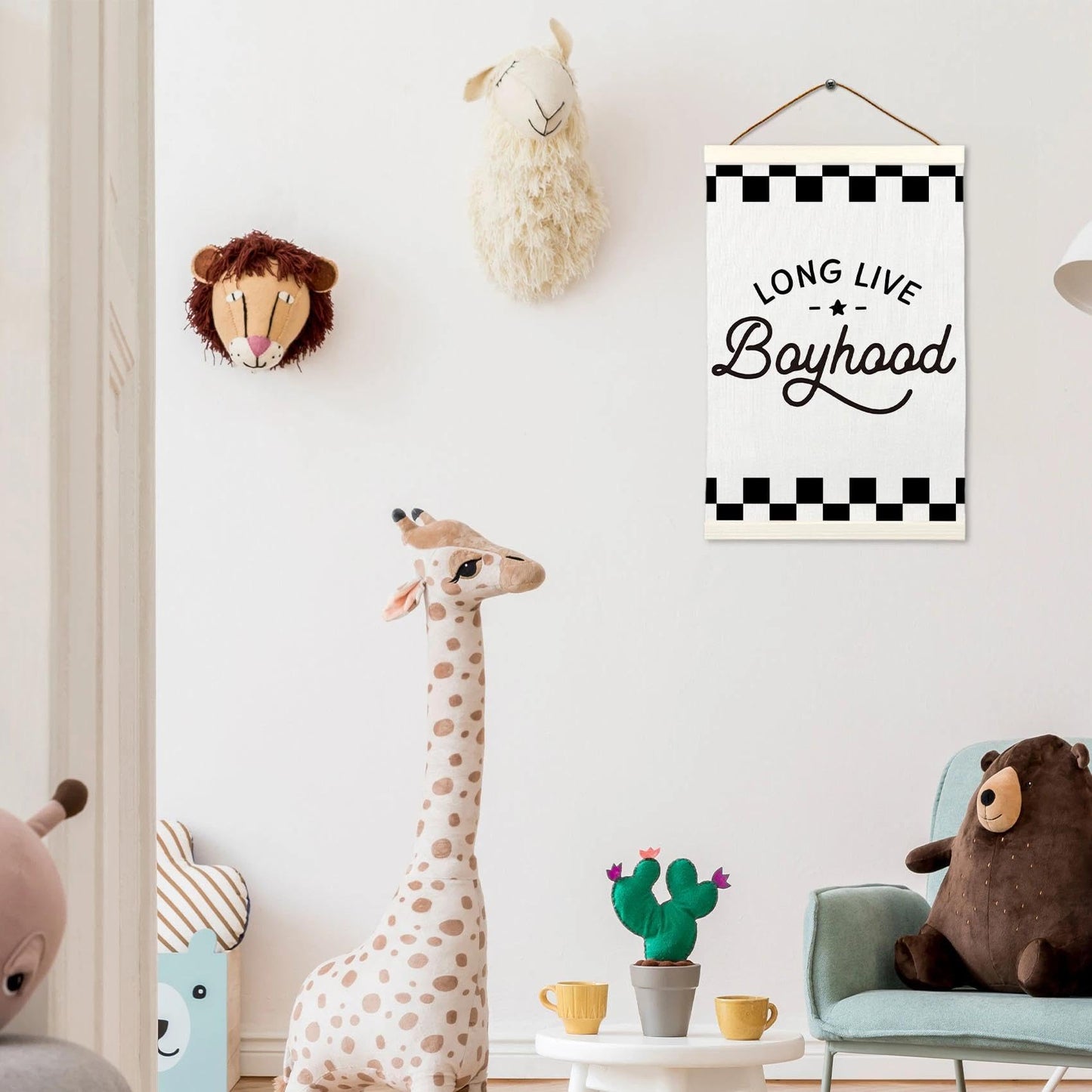 LKETW Long Live Boyhood Poster Hanger Frame 12x16 Inch, Race Car Boy Nursery Wall Art Posters for Playroom, Black and White Checkered Hanging Banner Decor for Toddler Boy Nursery Room Bedroom