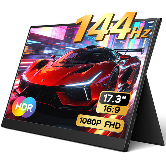 Yxk Portable Monitor 17.3 Inch 1080P 144Hz IPS HDR Ultra-Slim Travel Monitor with Dual Speakers USB-C HDMI Second Screen for Laptop PC Mac Phone Xbox PS4/5 Switch, VESA Kickstand with Cover Stand