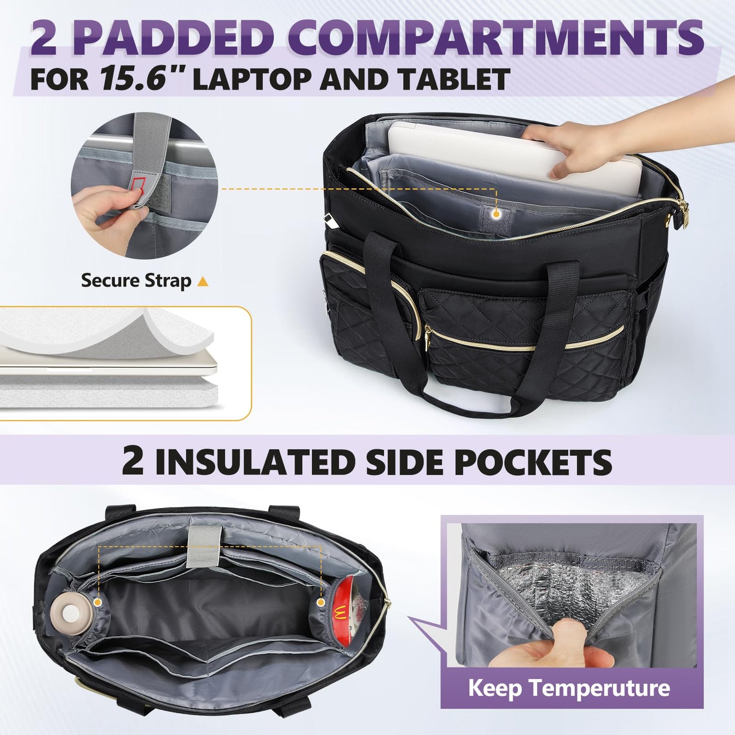 SDYSM Teacher Tote Bag 15.6 inch Laptop Bag Work Bags for Women Nurse Tote Professional Computer Messenger Shoulder Bags Laptop Briefcase for Office, College, Nursing, Black