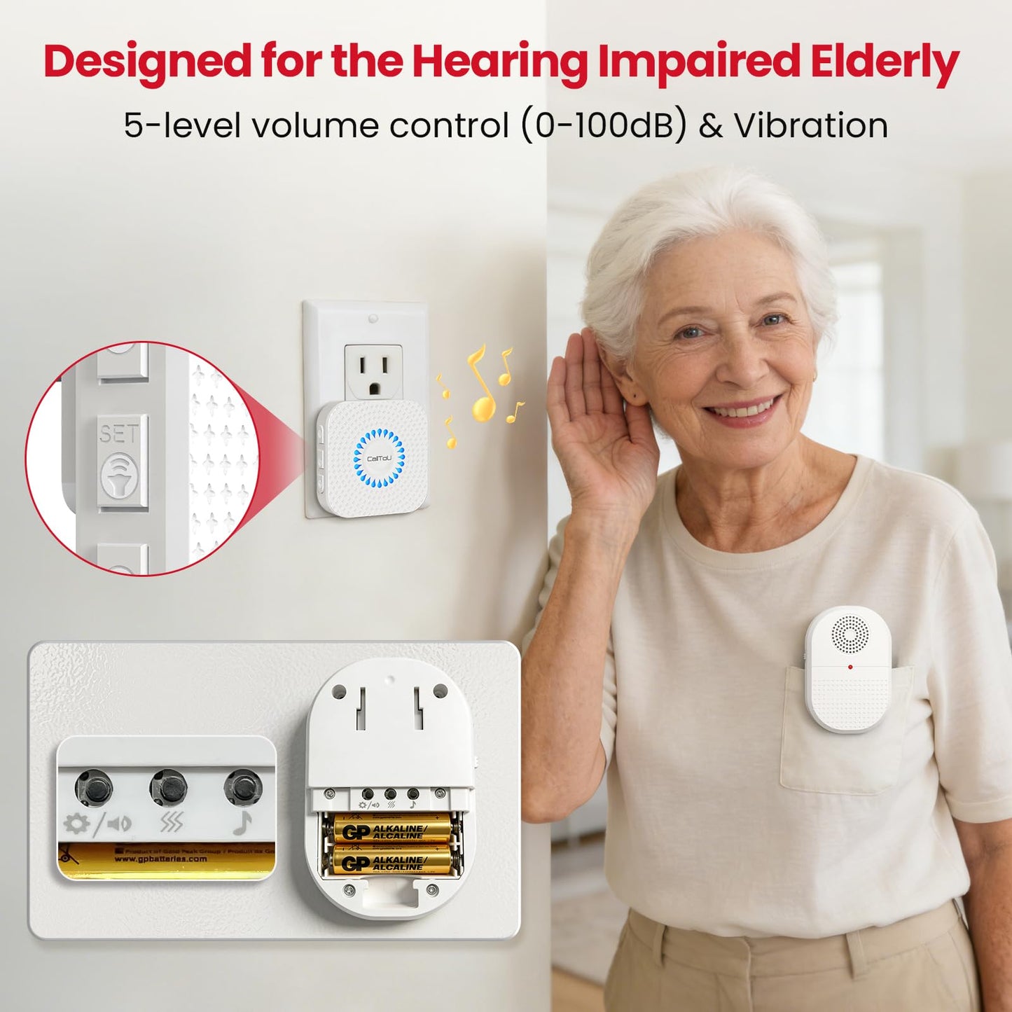 CallToU Wireless Caregiver Pager Waterproof Call Button Vibration Call Bell for Elderly at Home Disabled Patient Elderly Monitoring Nurse Calling 2 SOS Panic Buttons/Transmitters 500FT 2 Receivers