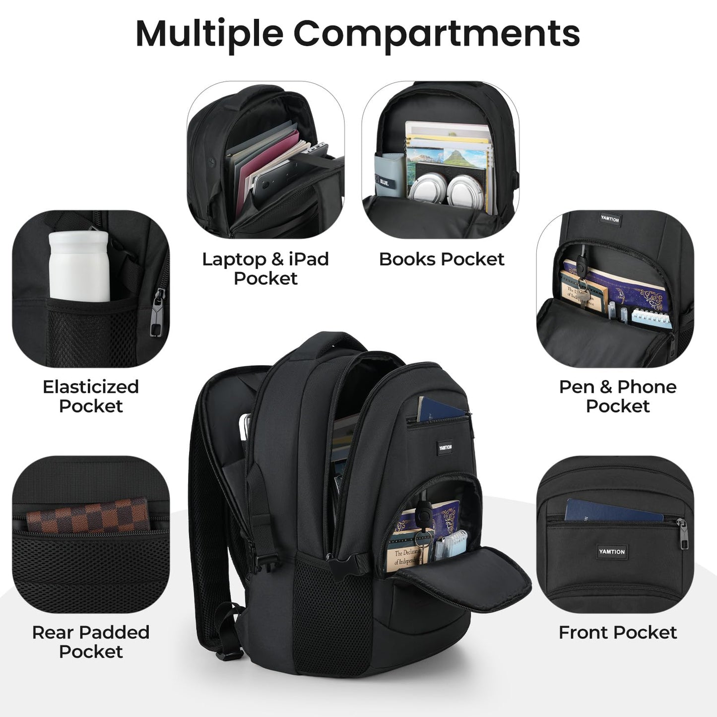YAMTION Black Backpack for Men and Women, Laptop Backpack, School Backpack for Boys and Girls, Lightweight Bookbag, Work Backpack Fits 15.6 Inch Notebook