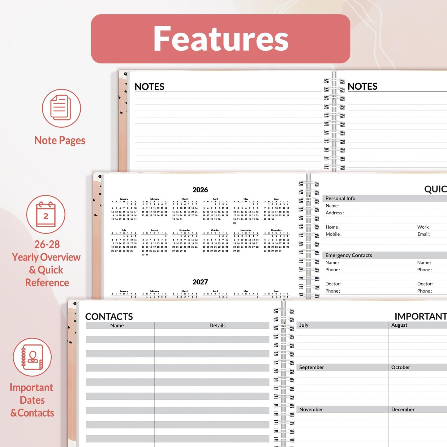 SUNEE 2026 Weekly and Monthly Planner - from January 2026 - December 2026, Daily Agenda Planner with Monthly Tab, Flexible Cover, Note Pages, Pockets, Bookmark, Spiral Binding, Pink Breeze, 8.5"x11"