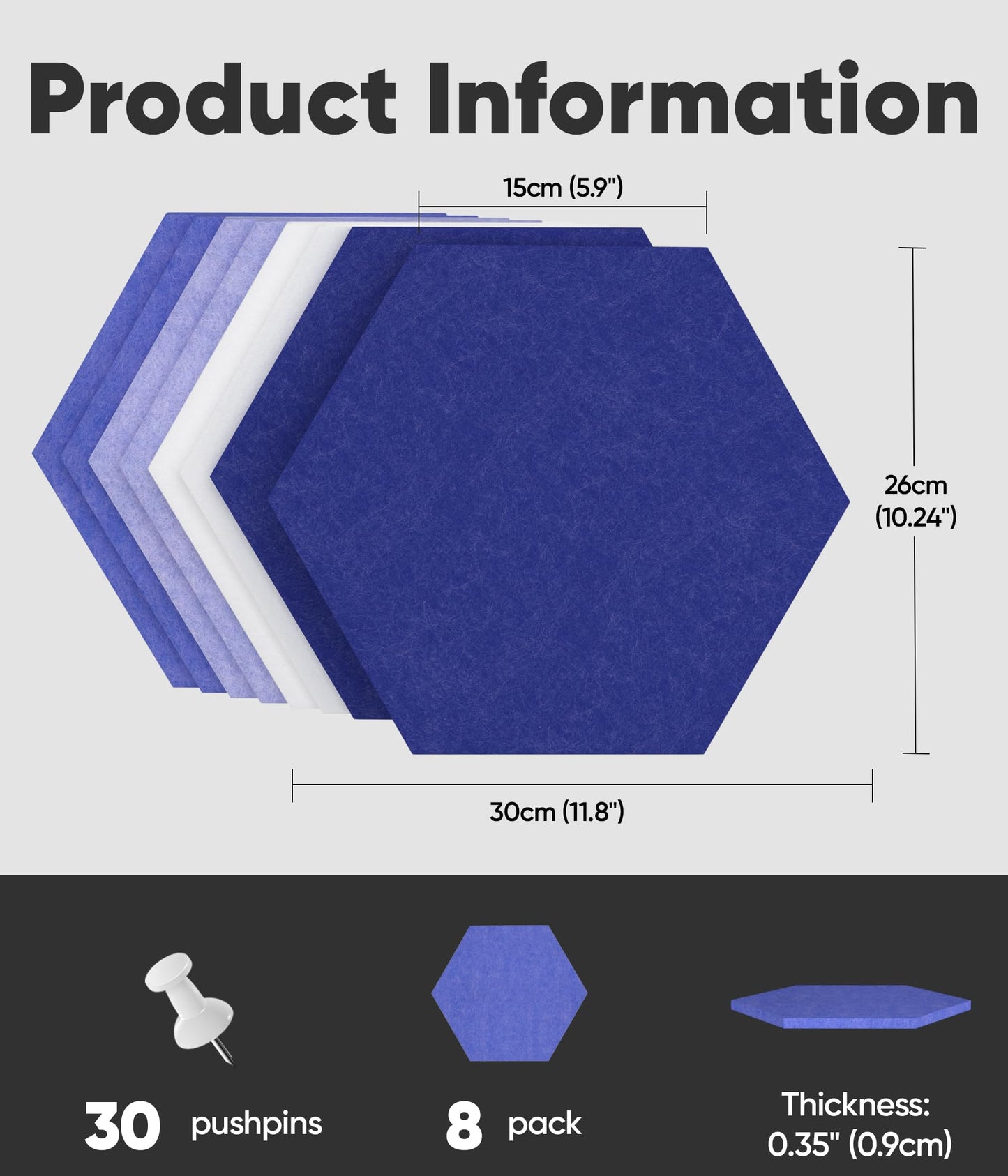 Toptople 12 Inch Large Hexagon Cork Board for Walls, 8 Pack Felt Bulletin Board Tiles, Pin Board with Push Pins for Office Photo and Note, Denim Blue
