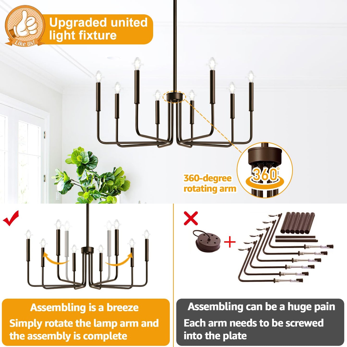 Lynnoland 8-Light Farmhouse Chandelier, Oil-Rubbed Bronze, Metal, Model L220028P8, Ideal for Dining Room, Kitchen, Foyer, Living Room