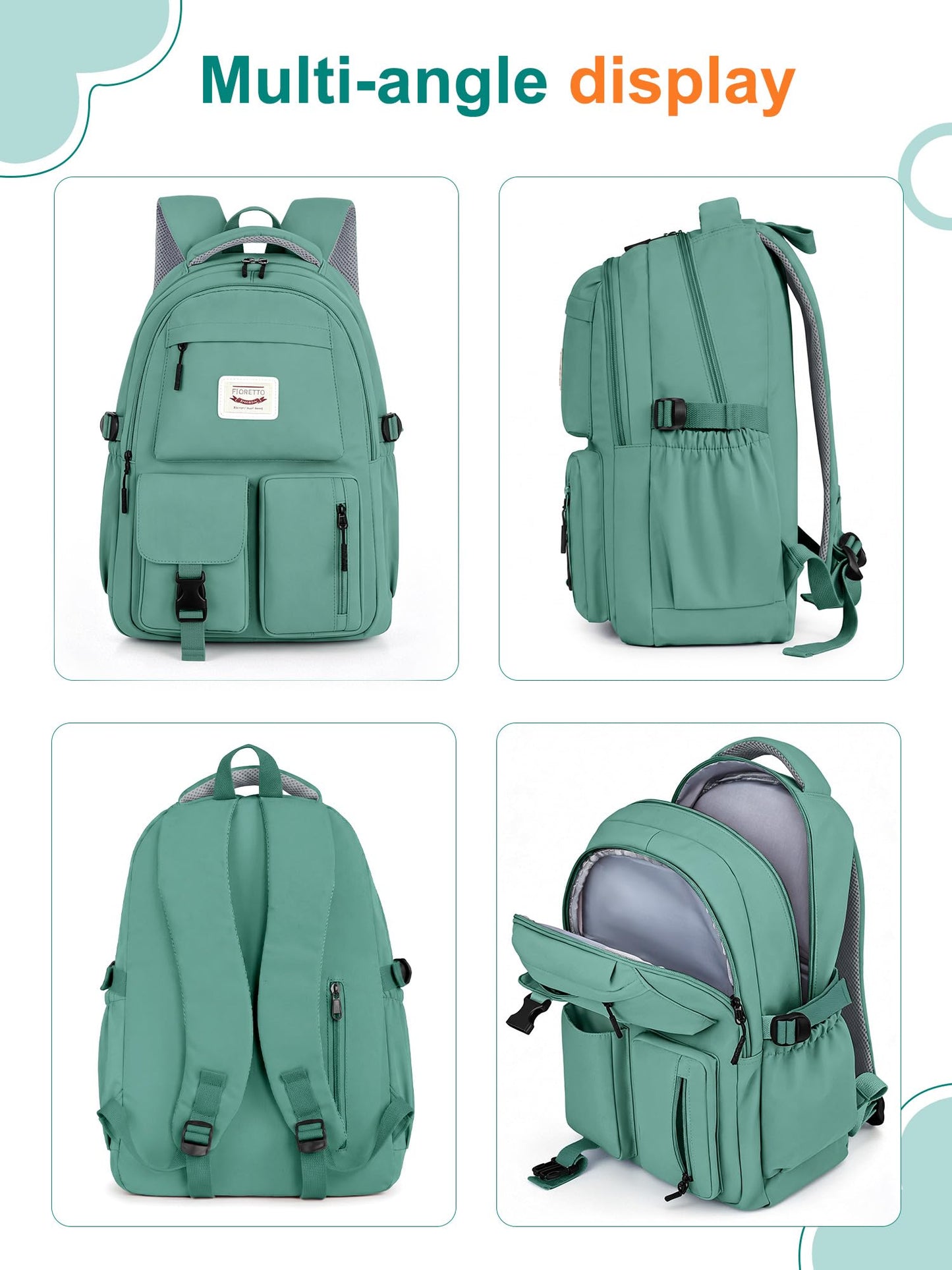 FIORETTO School Backpack for Teen Girls & Women with Compartment, Lightweight School Bag Bookbag with Multiple Pockets, Ideal for Middle High School, College, Travel, Dark Green 25L