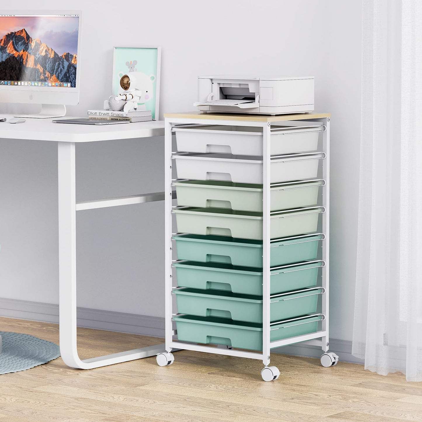 Rolling Storage Utility Cart Organizers with 8 Drawers and Wooden Tabletop for Living Room,Office,Classroom,Craft Room,Bedroom,Dorm,Green
