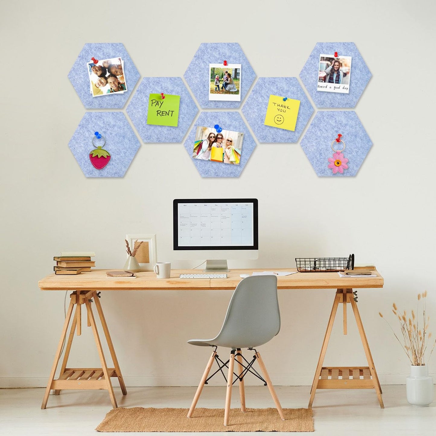 8 Packs Light Blue Hexagon Felt Pin Board, 12" Bulletin Board with 30 Push Pins, Felt Board for Home Kitchen Office Decor, Self-Adhesive Corkboard Tiles for Walls Message Photos Memos Display
